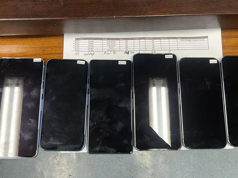 Used smartphones with ID labels and a printed grading sheet